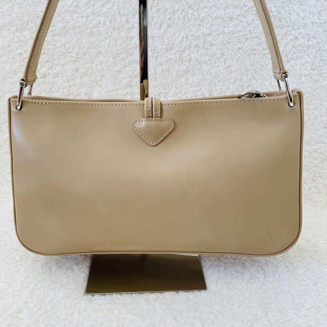 Longchamp Shoulder Bag Purse Leather Beige Authentic