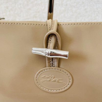 Longchamp Shoulder Bag Purse Leather Beige Authentic