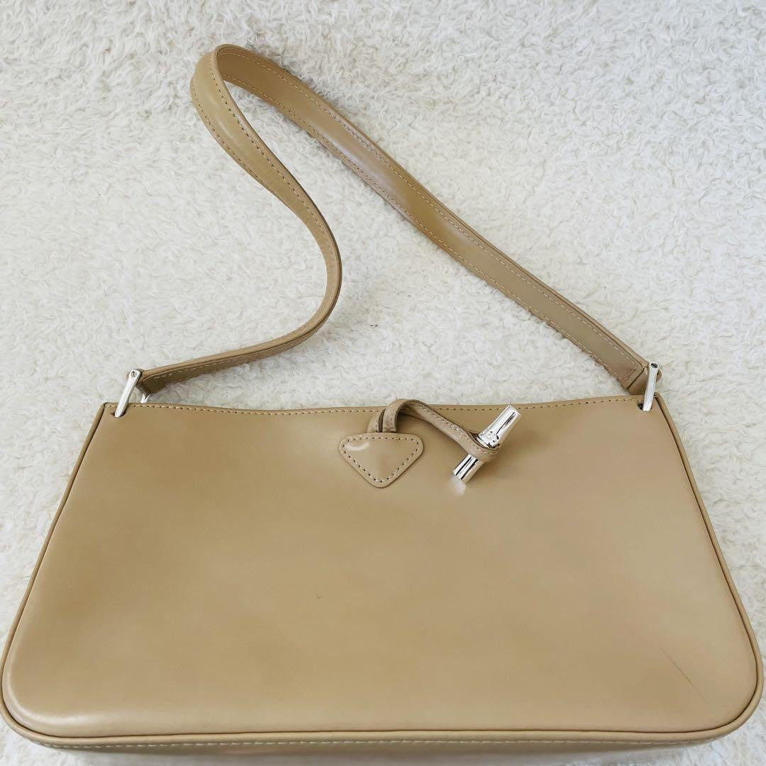 Longchamp Shoulder Bag Purse Leather Beige Authentic