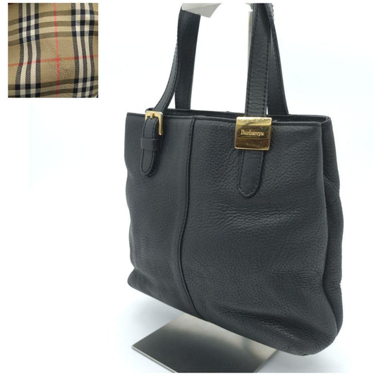 BURBERRY Hand Bag Tote Purse Nova Check Leather Black Authentic