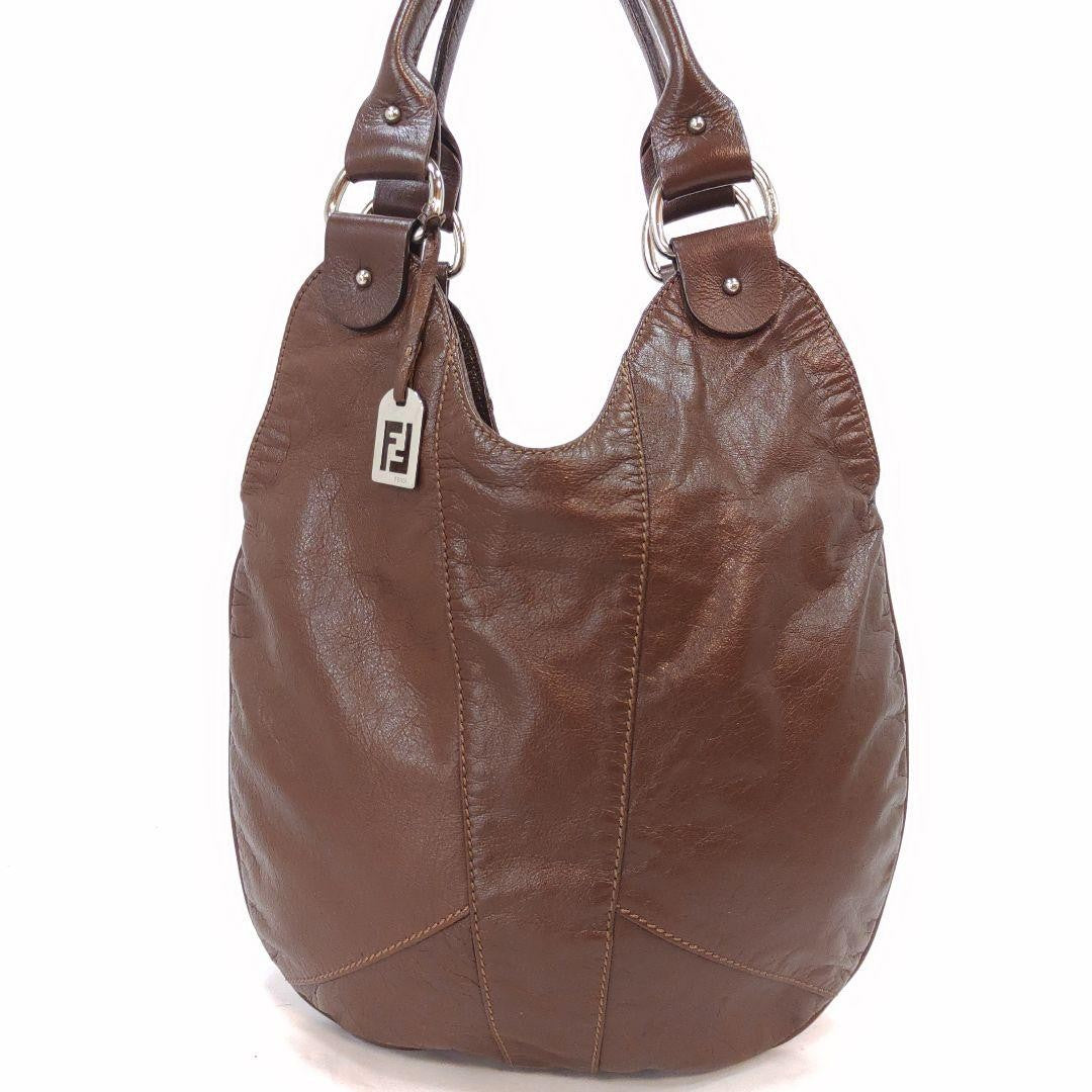 FENDI Shoulder Bag Purse FF Leather Brown Authentic