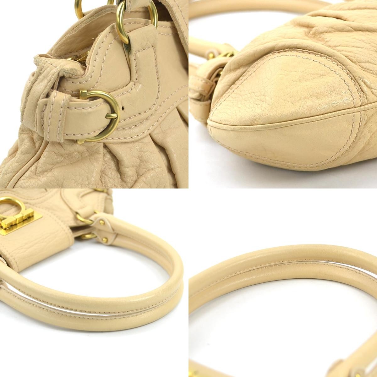 Salvatore Ferragamo Hand Bag Tote Purse Gancini Leather Beige Authentic