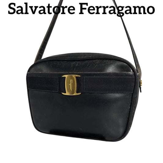 Salvatore Ferragamo Shoulder Bag Purse Gancini Leather Authentic Black
