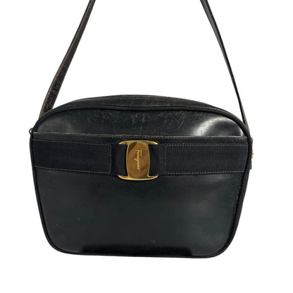 Salvatore Ferragamo Shoulder Bag Purse Gancini Leather Authentic Black