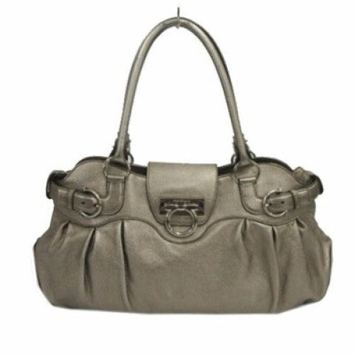 Salvatore Ferragamo Hand Bag Tote Purse Gancini Leather Champagne Gold Authentic