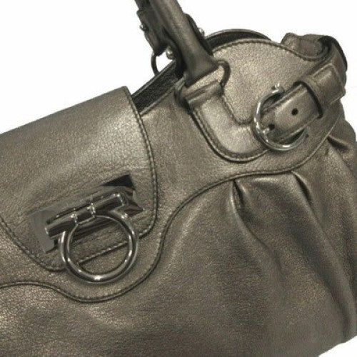 Salvatore Ferragamo Hand Bag Tote Purse Gancini Leather Champagne Gold Authentic