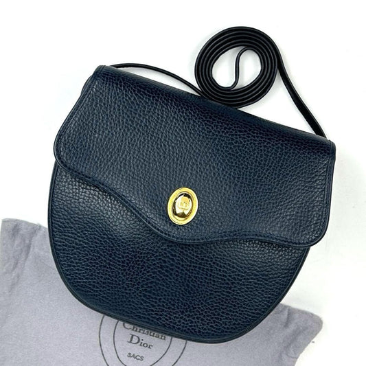 Christian Dior Shoulder Bag Purse CD Leather Navy Authentic