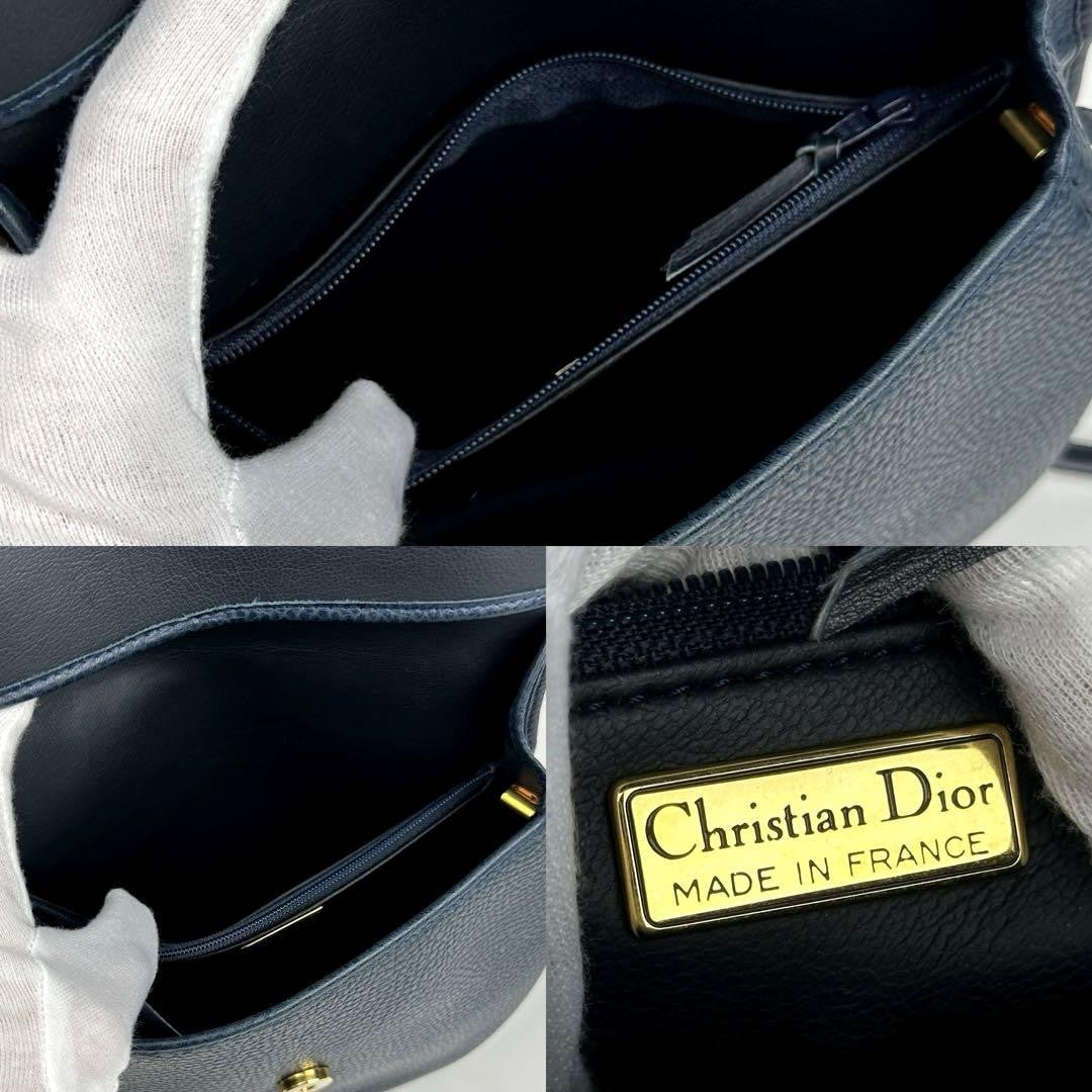 Christian Dior Shoulder Bag Purse CD Leather Navy Authentic
