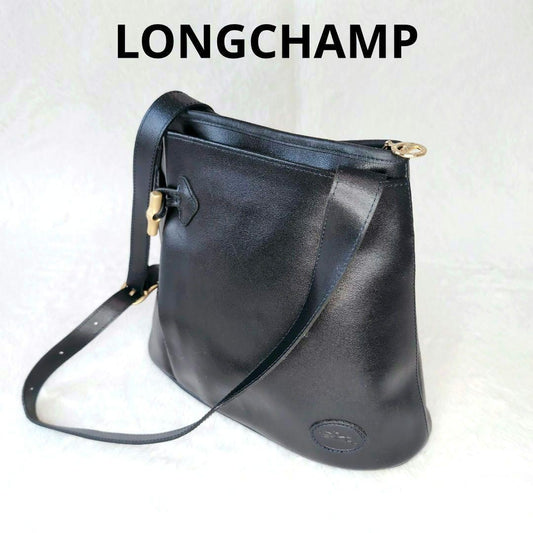 Longchamp Hand Shoulder Bag Tote Purse Leather Black Authentic