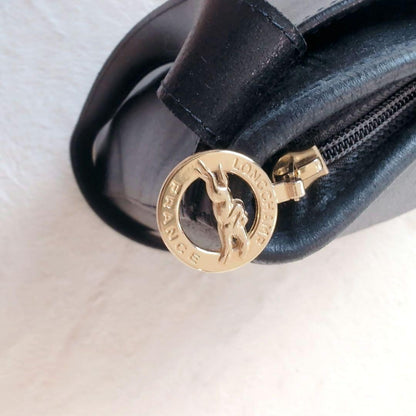 Longchamp Hand Shoulder Bag Tote Purse Leather Black Authentic