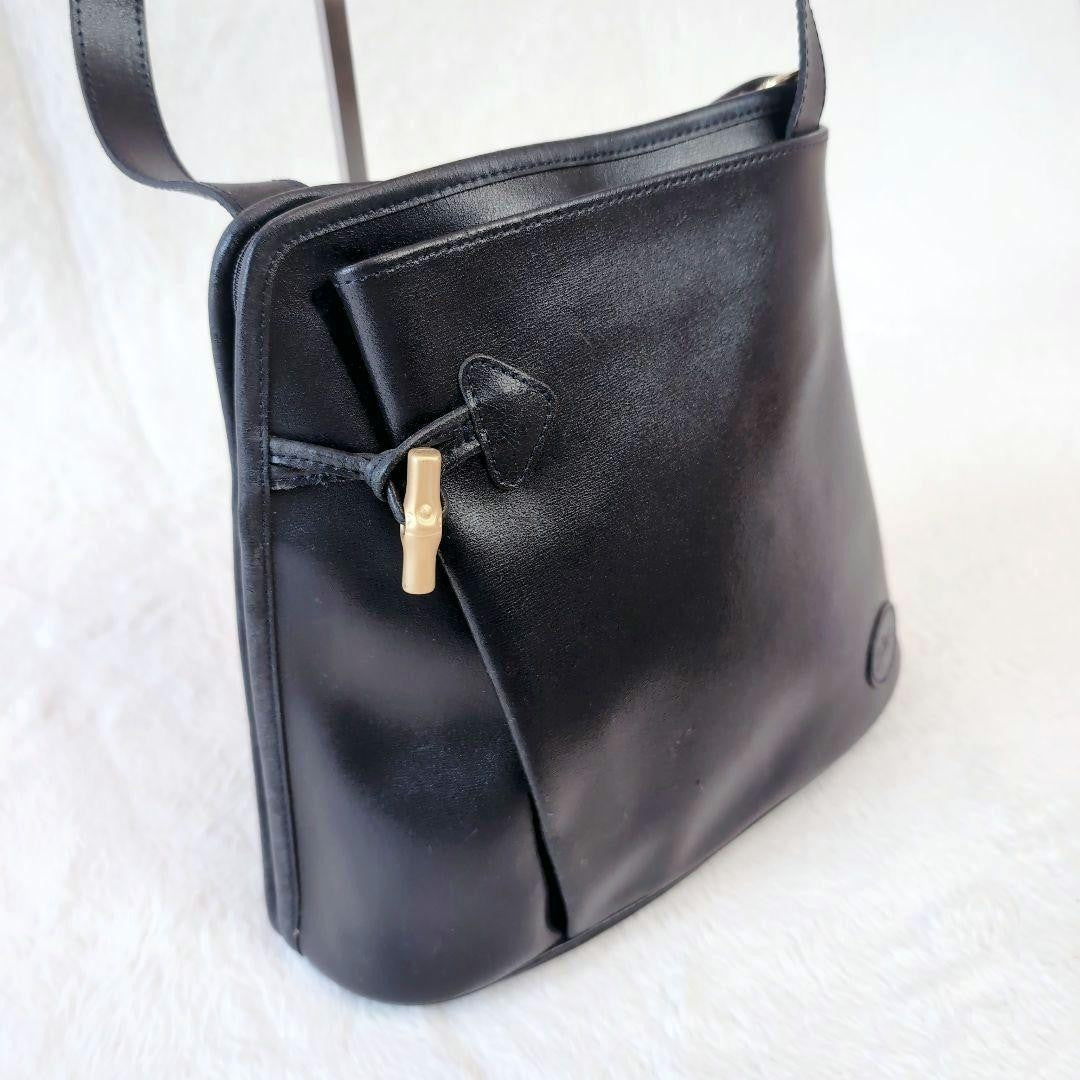 Longchamp Hand Shoulder Bag Tote Purse Leather Black Authentic