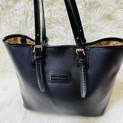 Longchamp Hand Bag Tote Purse Leather Black Authentic