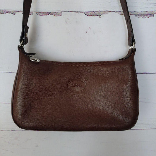 Longchamp Shoulder Bag Purse Logo Leather Brown Authentic