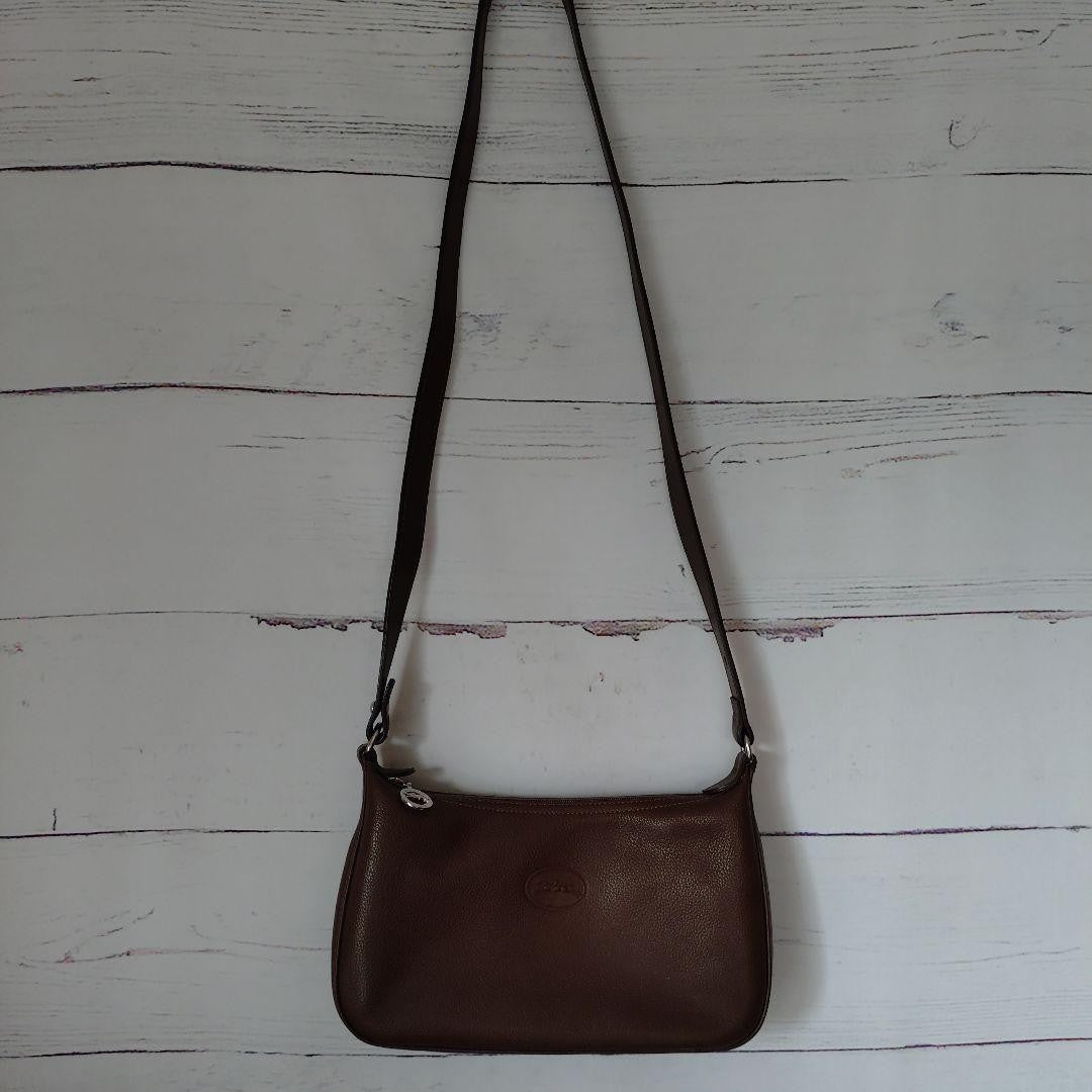 Longchamp Shoulder Bag Purse Logo Leather Brown Authentic
