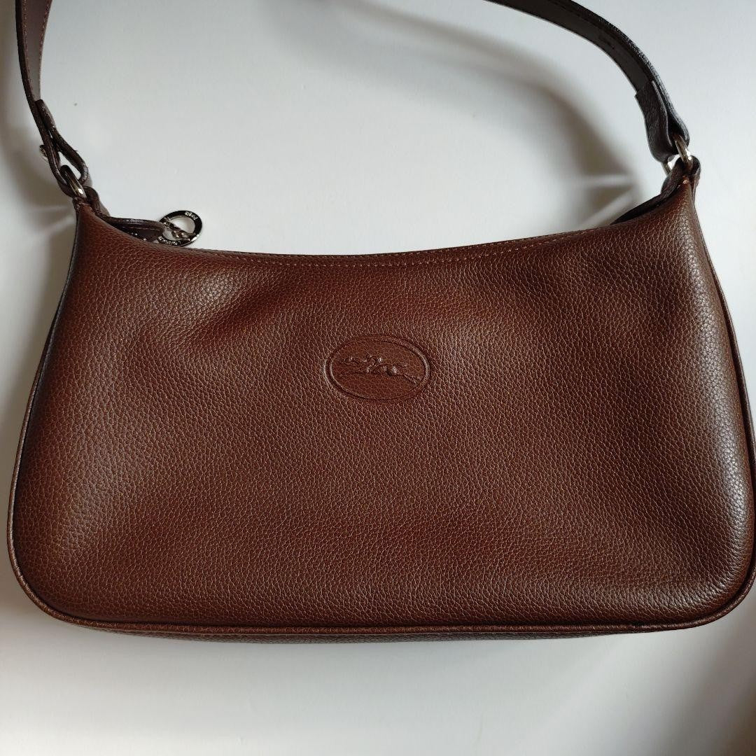 Longchamp Shoulder Bag Purse Logo Leather Brown Authentic