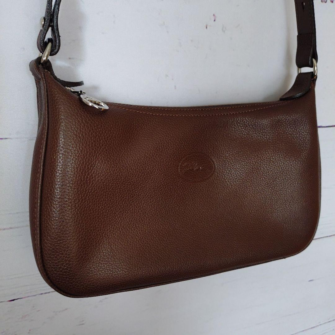 Longchamp Shoulder Bag Purse Logo Leather Brown Authentic