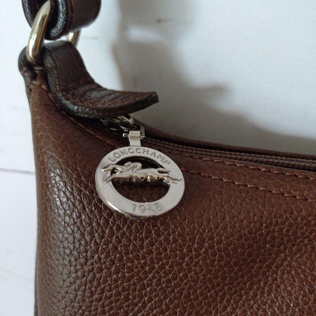Longchamp Shoulder Bag Purse Logo Leather Brown Authentic