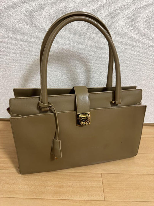 Salvatore Ferragamo Hand Bag Tote Purse Gancini Leather Beige Authentic
