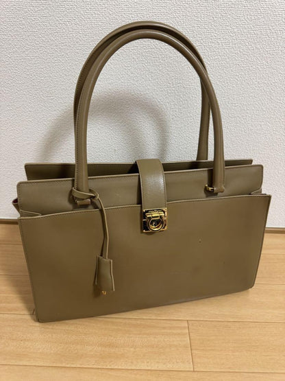 Salvatore Ferragamo Hand Bag Tote Purse Gancini Leather Beige Authentic