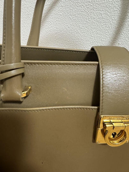Salvatore Ferragamo Hand Bag Tote Purse Gancini Leather Beige Authentic