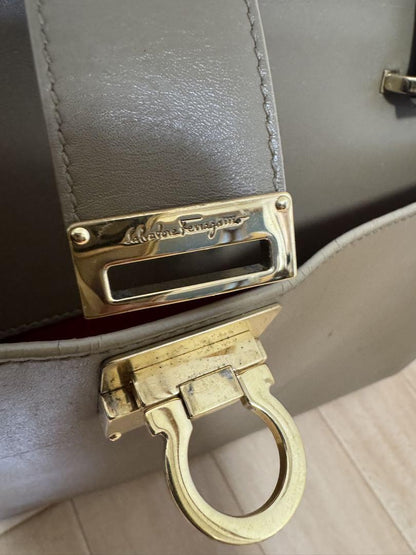 Salvatore Ferragamo Hand Bag Tote Purse Gancini Leather Beige Authentic