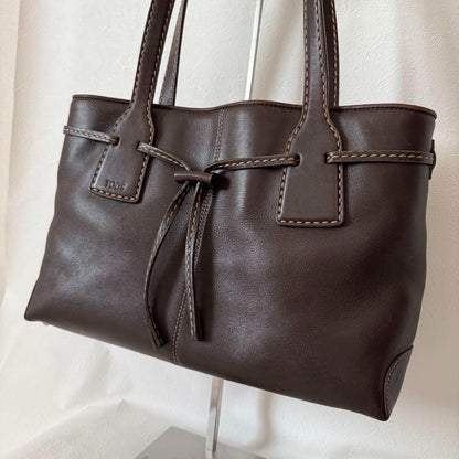 TOD'S Hand Bag Tote Purse Leather Dark Brown Authentic