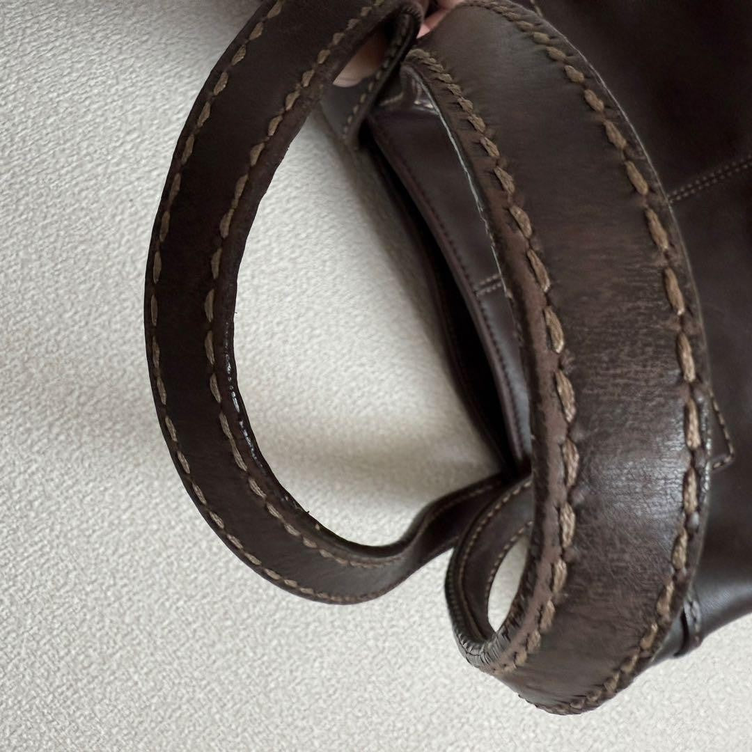 TOD'S Hand Bag Tote Purse Leather Dark Brown Authentic