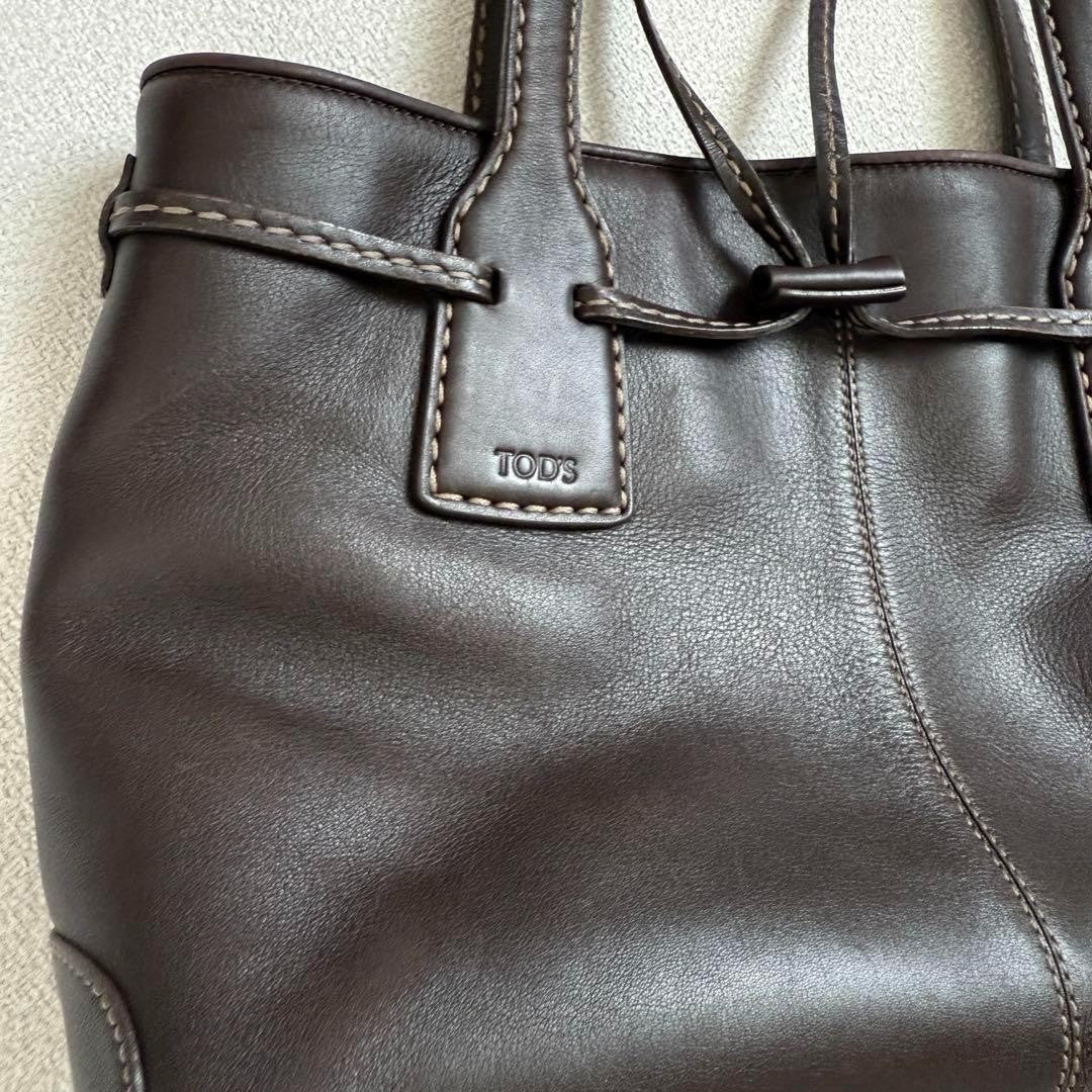 TOD'S Hand Bag Tote Purse Leather Dark Brown Authentic