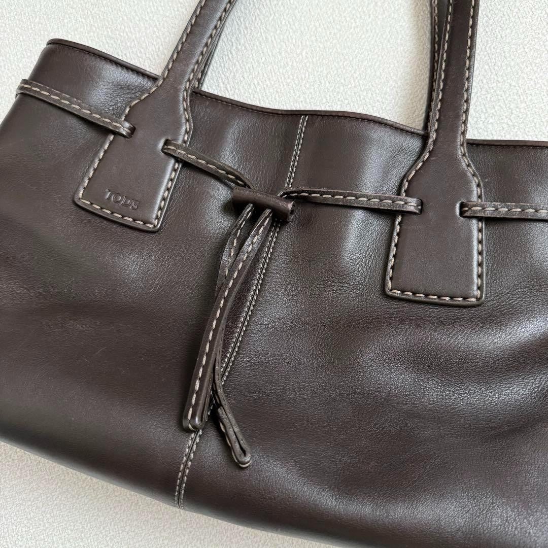 TOD'S Hand Bag Tote Purse Leather Dark Brown Authentic