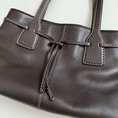 TOD'S Hand Bag Tote Purse Leather Dark Brown Authentic