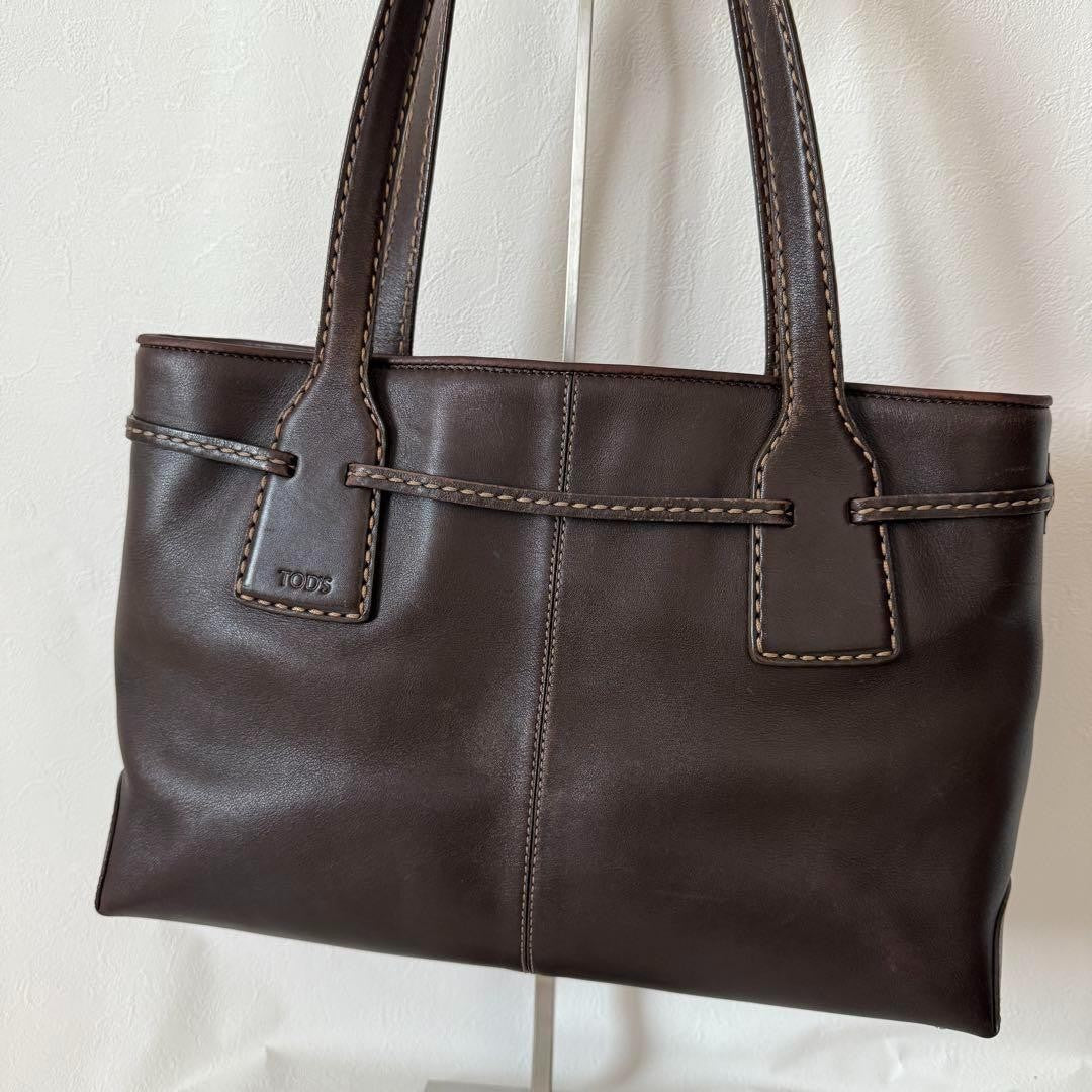 TOD'S Hand Bag Tote Purse Leather Dark Brown Authentic