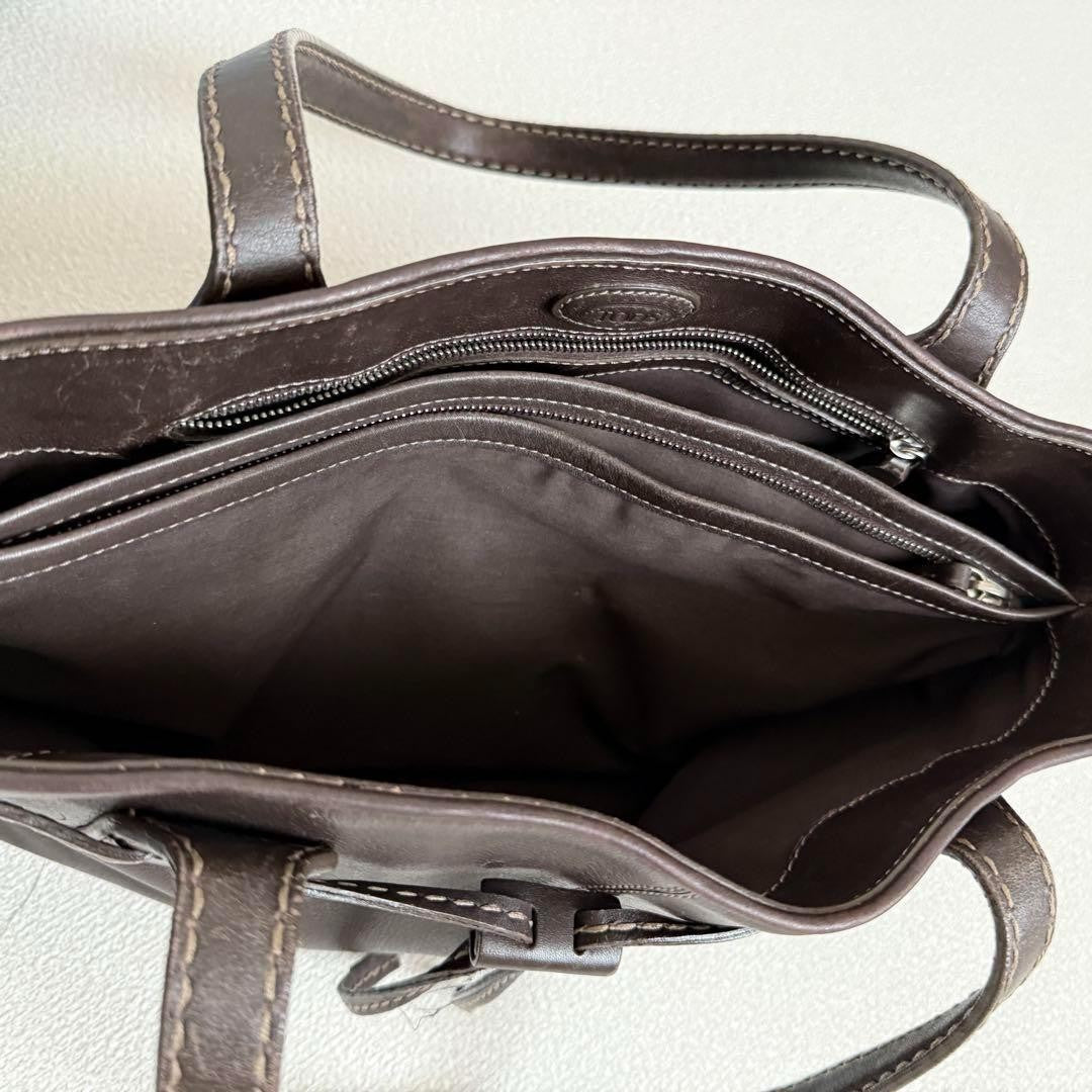 TOD'S Hand Bag Tote Purse Leather Dark Brown Authentic
