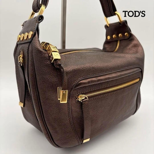 TOD'S Shoulder Bag Purse Leather Brown Authentic