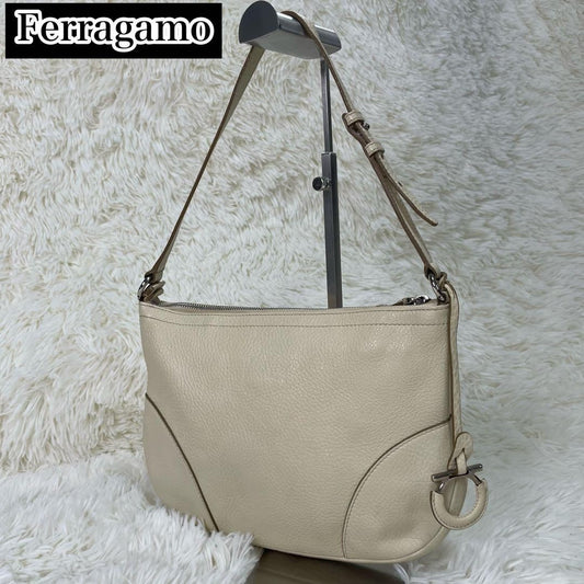 Salvatore Ferragamo shoulder bag Purse Gancini Ivory Silver Leather Authentic