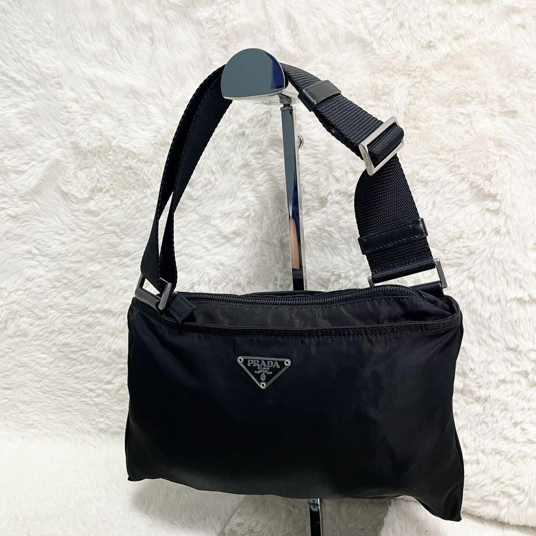 PRADA Shoulder Bag Purse Logo Nylon Leather Black Authentic