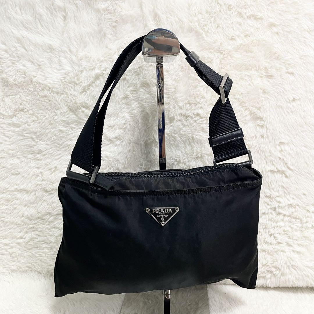 PRADA Shoulder Bag Purse Logo Nylon Leather Black Authentic