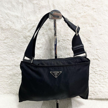 PRADA Shoulder Bag Purse Logo Nylon Leather Black Authentic