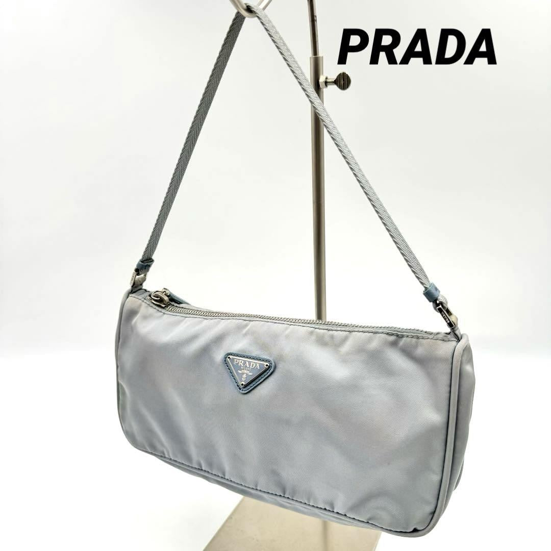 PRADA Accessory Pouch Hand Bag Tote Purse Logo Nylon Blue Authentic
