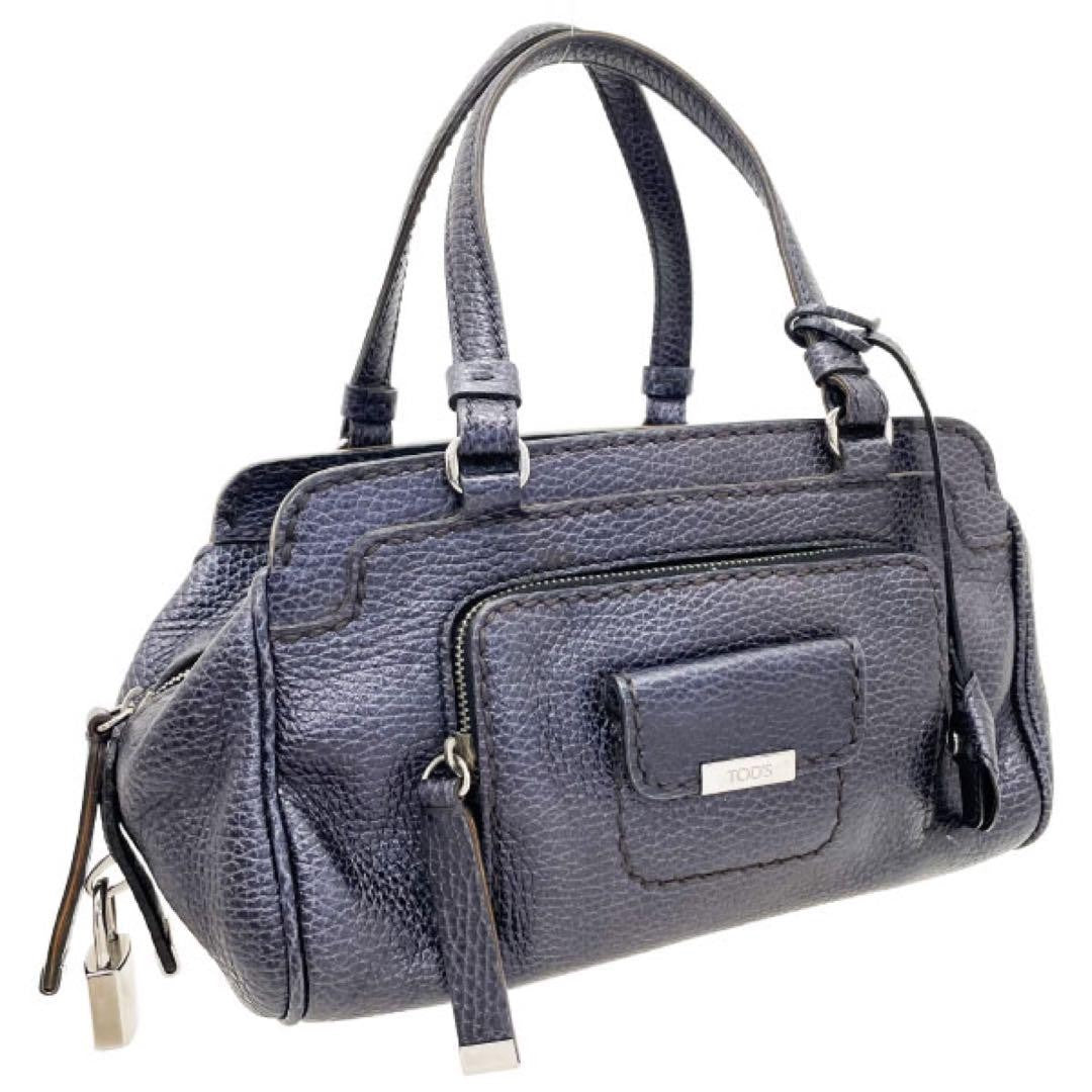 TOD'S Mini Hand Bag Tote Purse Leather Purple Navy Authentic