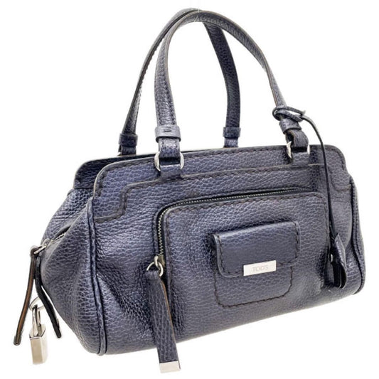 TOD'S Mini Hand Bag Tote Purse Leather Purple Navy Authentic