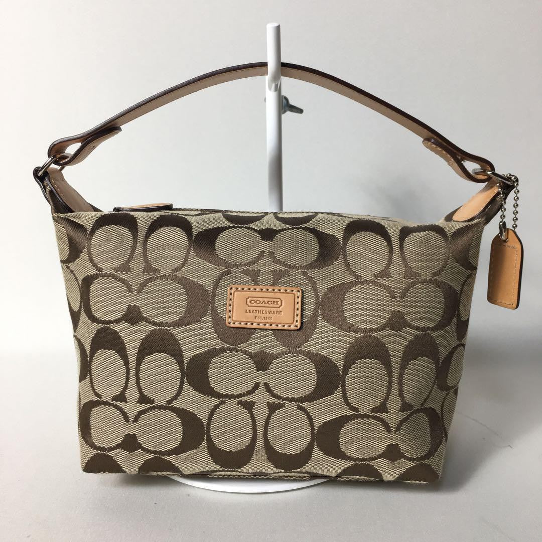 COACH Accessory Pouch Hand Pouch Signature Canvas Leather Light Brown Authentic