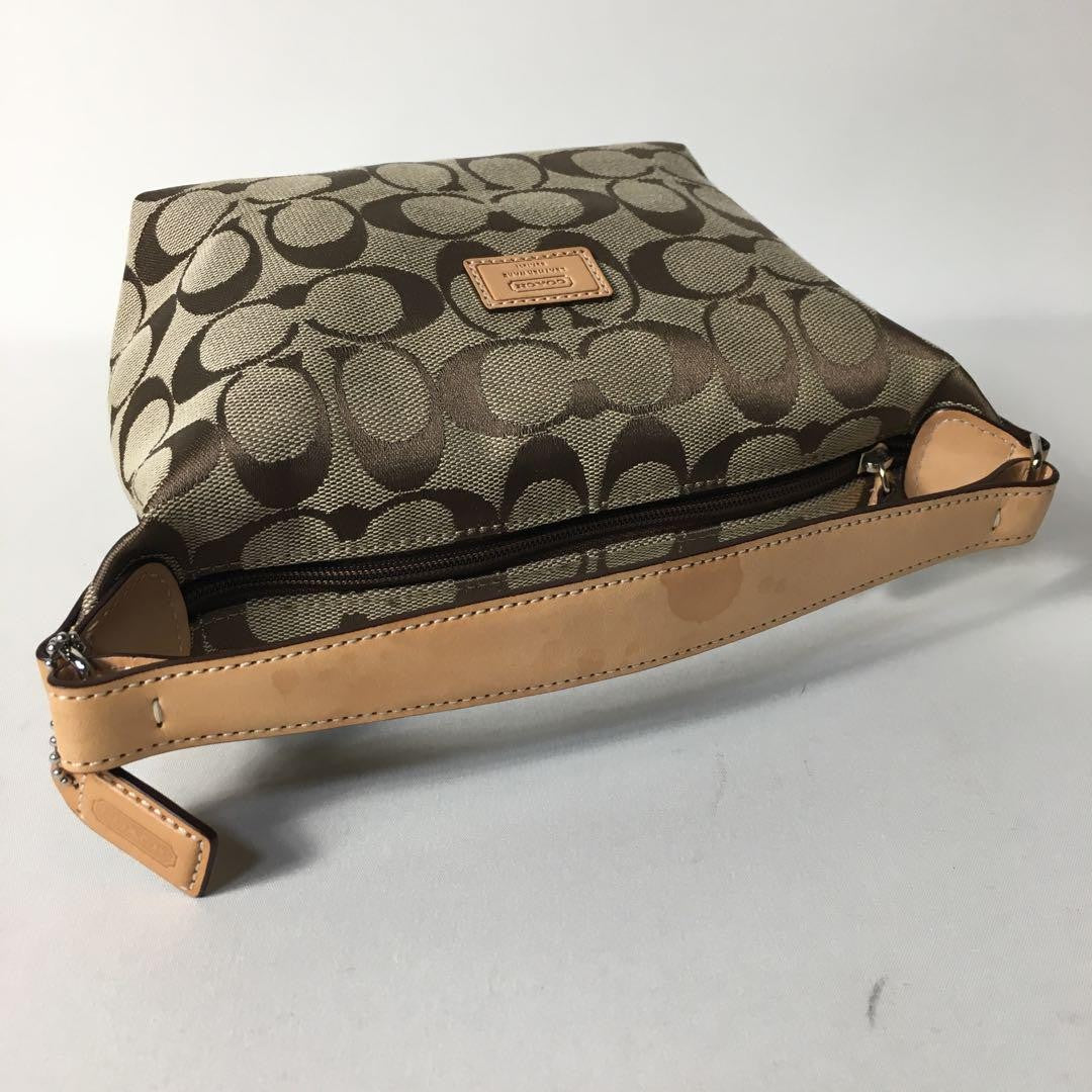 COACH Accessory Pouch Hand Pouch Signature Canvas Leather Light Brown Authentic