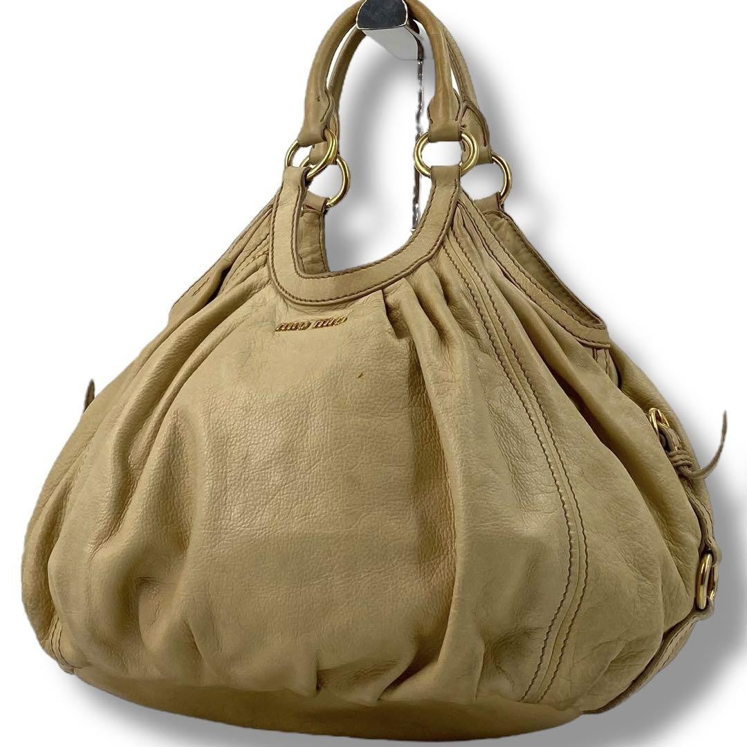 MIU MIU Hand Bag Tote Purse Logo Leather Beige Authentic