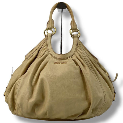MIU MIU Hand Bag Tote Purse Logo Leather Beige Authentic