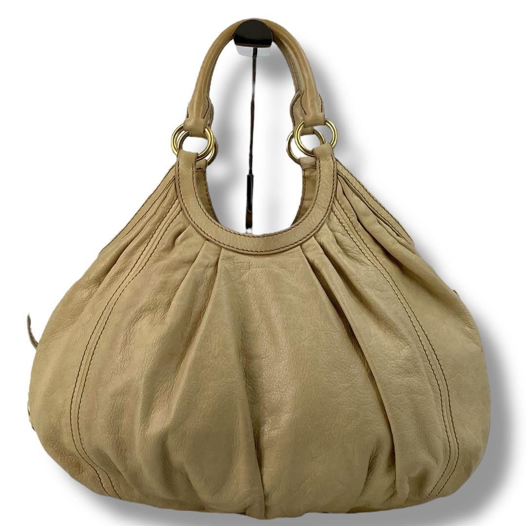 MIU MIU Hand Bag Tote Purse Logo Leather Beige Authentic