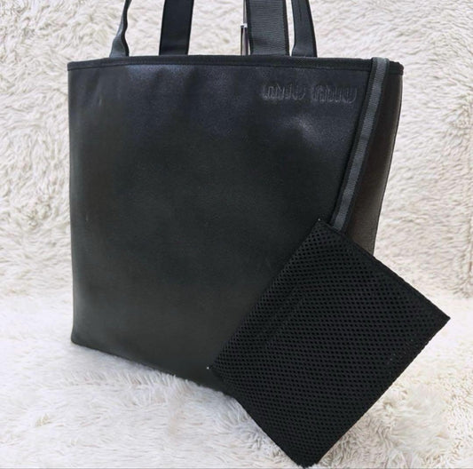 MIU MIU Hand Bag Tote Purse Logo Leather Black Authentic