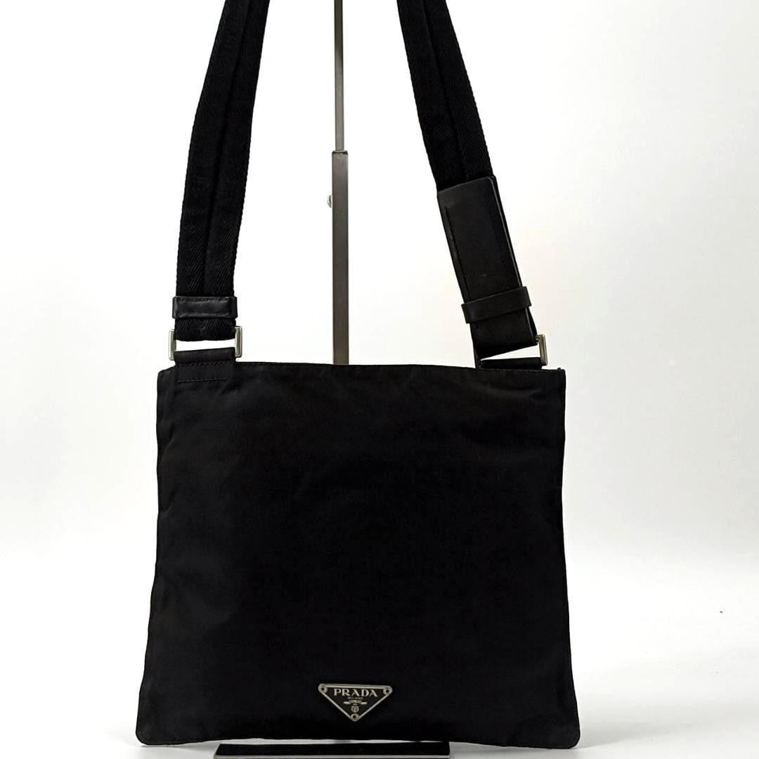 PRADA Shoulder Bag Purse Logo Nylon Leather Black Authentic