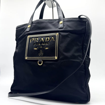 PRADA Hand Shoulder Bag Tote Purse 2way Nylon Leather Black Authentic