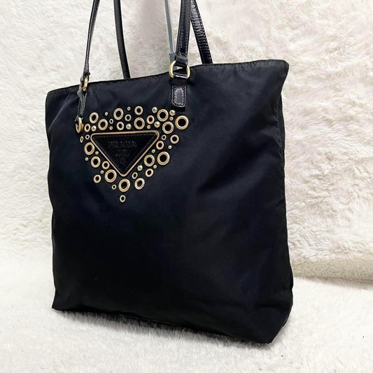 PRADA Hand Bag Tote Purse Logo Nylon Leather Black Authentic