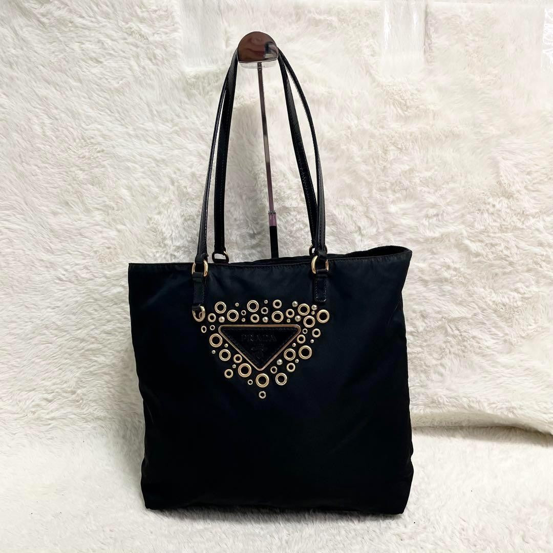 PRADA Hand Bag Tote Purse Logo Nylon Leather Black Authentic